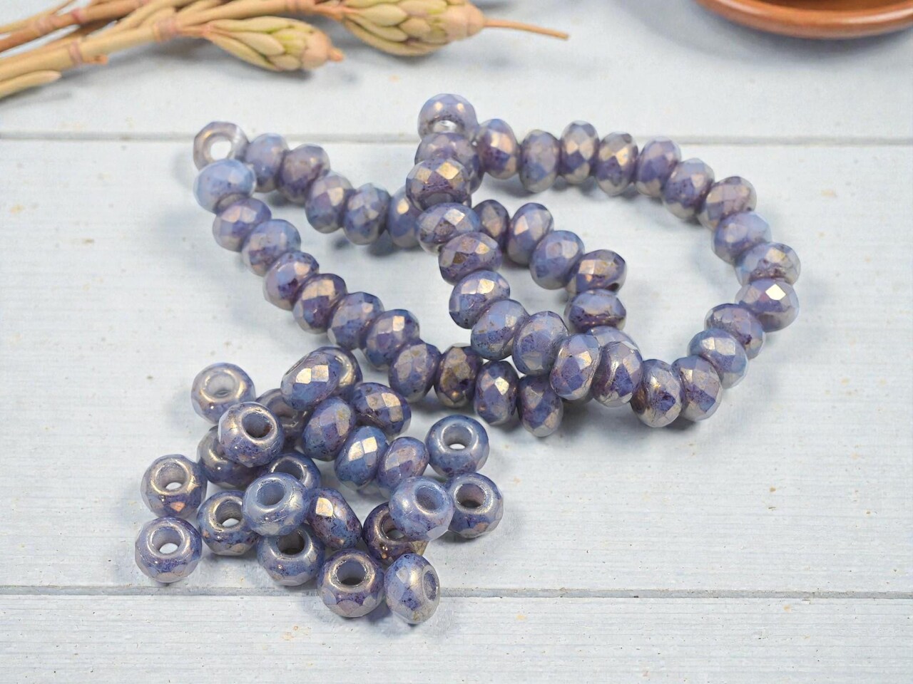 *25* 6x9mm Gold Lustered Purple Washed Slate Blue Faceted Large Hole Rondelle Roller Beads